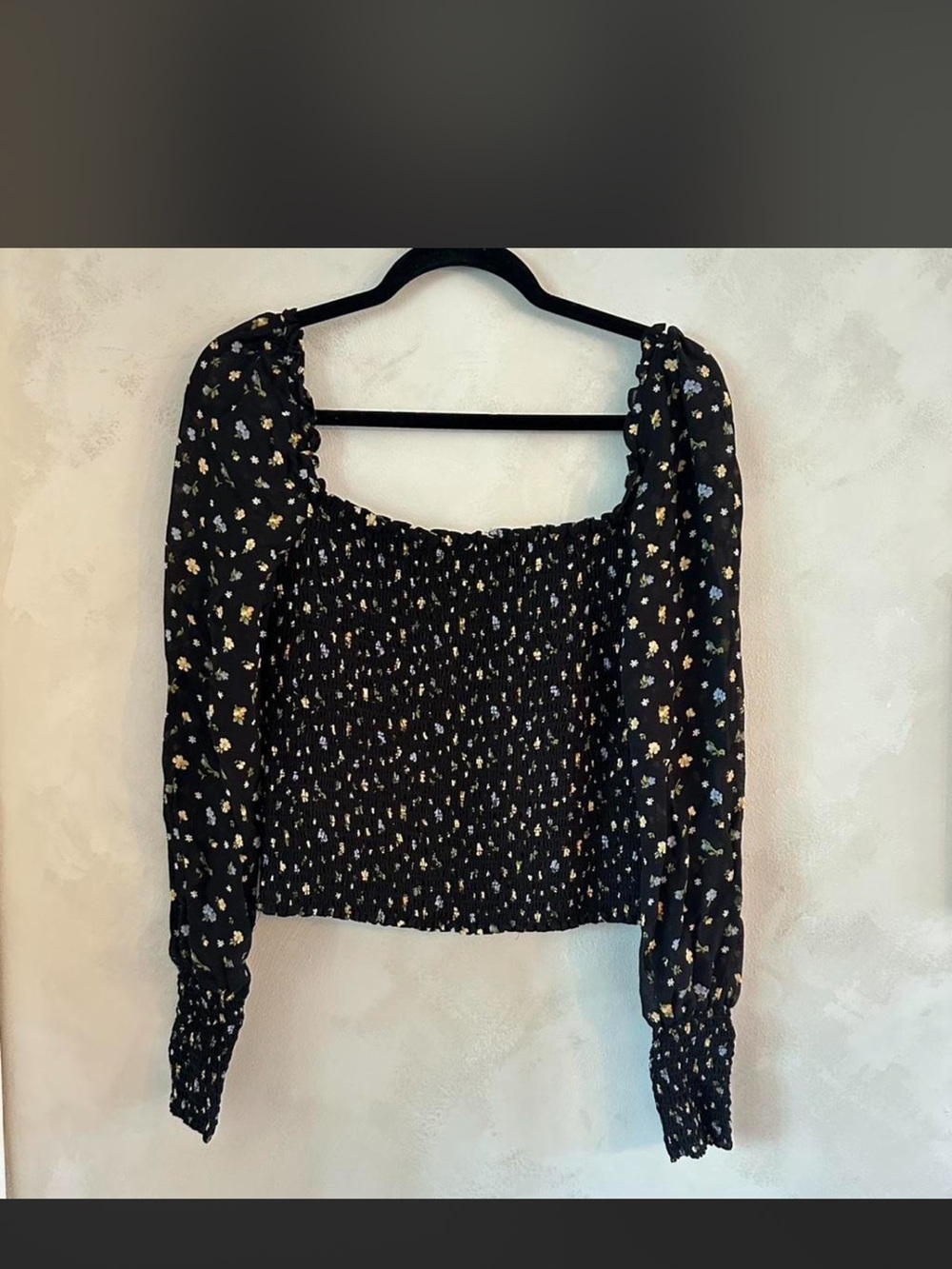 Reformation Black Floral Smocked Long-Sleeve Crop Top
